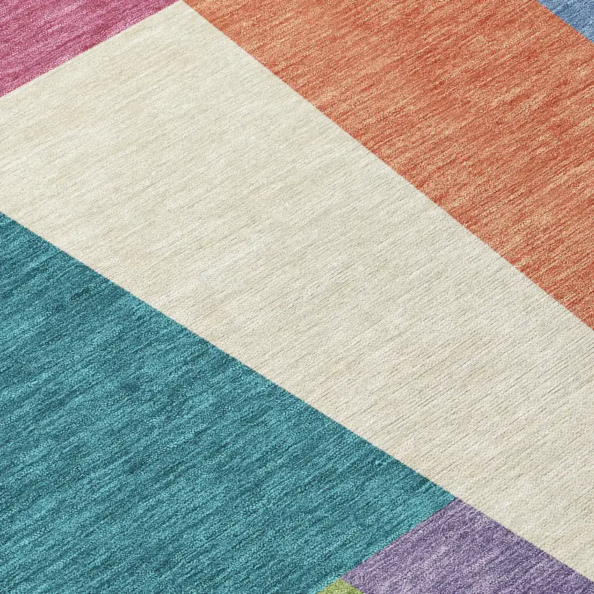 8' Teal Blue And Blush Round Geometric Washable Indoor Outdoor Area Rug Photo 7