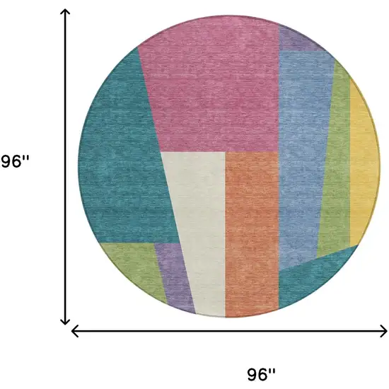 8' Teal Blue And Blush Round Geometric Washable Indoor Outdoor Area Rug Photo 8