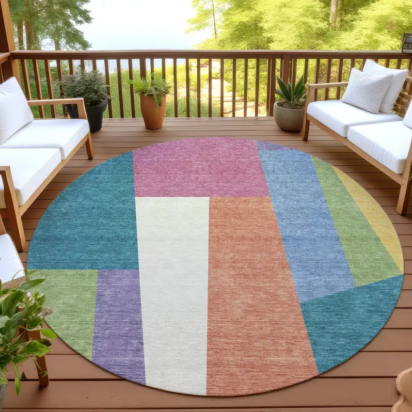 8' Teal Blue And Blush Round Geometric Washable Indoor Outdoor Area Rug Photo 4