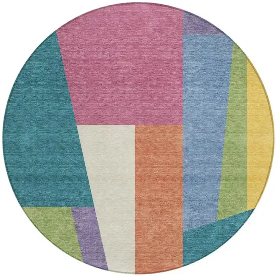 8' Teal Blue And Blush Round Geometric Washable Indoor Outdoor Area Rug Photo 3