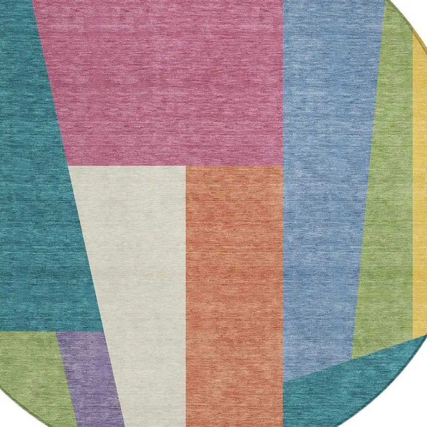 8' Teal Blue And Blush Round Geometric Washable Indoor Outdoor Area Rug Photo 2