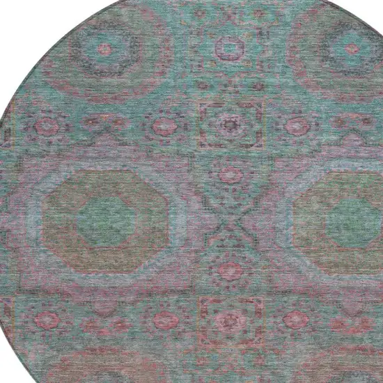 8' Teal Blue And Blush Round Medallion Washable Indoor Outdoor Area Rug Photo 4