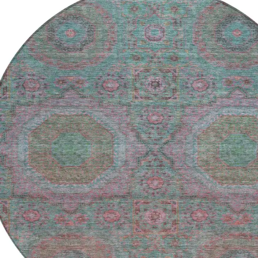 8' Teal Blue And Blush Round Medallion Washable Indoor Outdoor Area Rug Photo 4