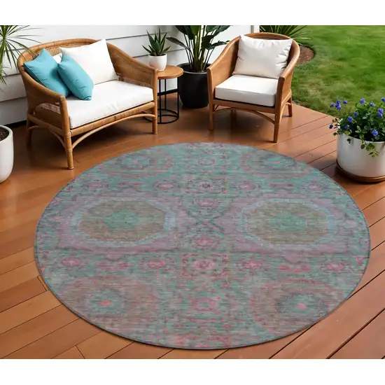 8' Teal Blue And Blush Round Medallion Washable Indoor Outdoor Area Rug Photo 2