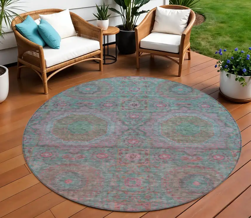 8' Teal Blue And Blush Round Medallion Washable Indoor Outdoor Area Rug Photo 2