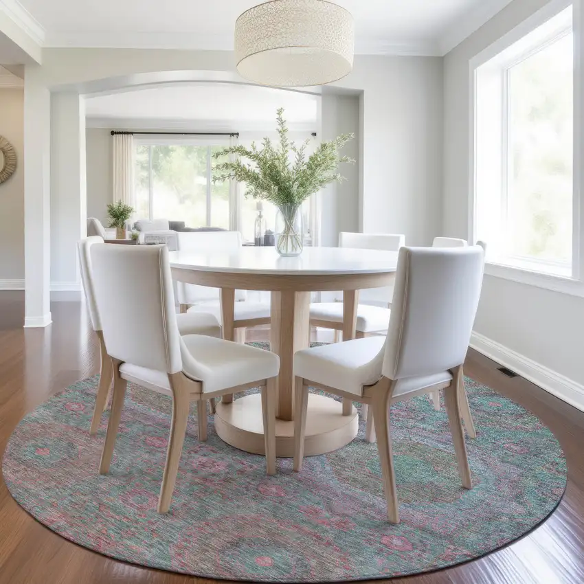 8' Teal Blue And Blush Round Medallion Washable Indoor Outdoor Area Rug Photo 7