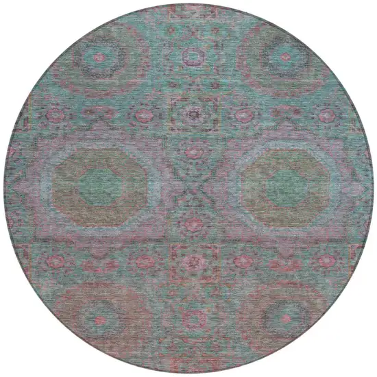 8' Teal Blue And Blush Round Medallion Washable Indoor Outdoor Area Rug Photo 3