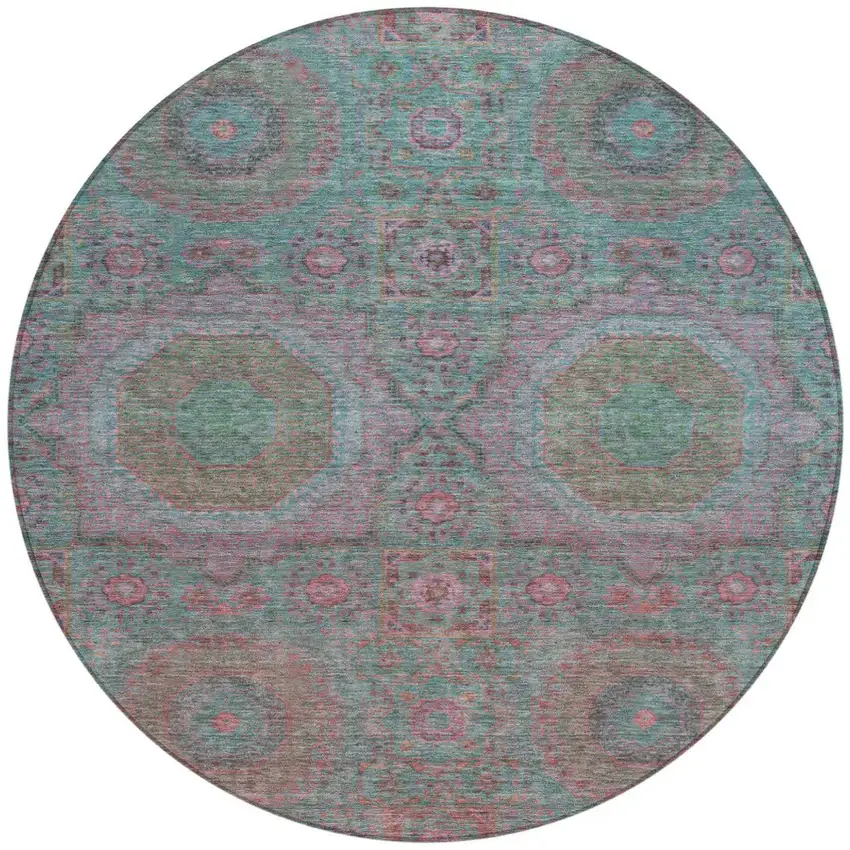 8' Teal Blue And Blush Round Medallion Washable Indoor Outdoor Area Rug Photo 3