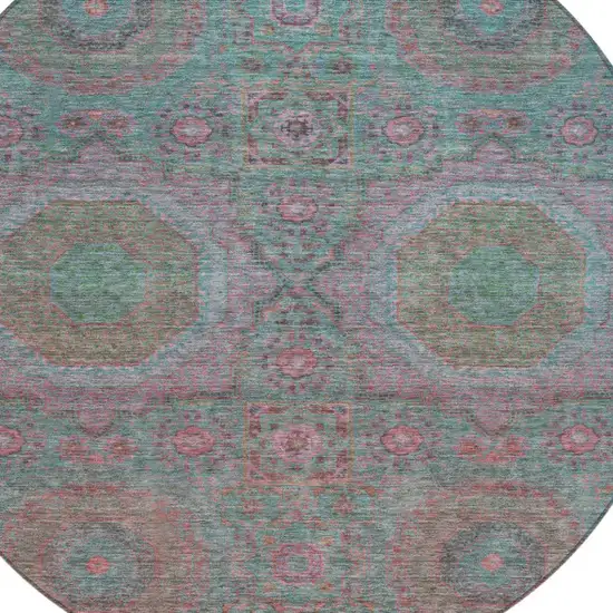 8' Teal Blue And Blush Round Medallion Washable Indoor Outdoor Area Rug Photo 9