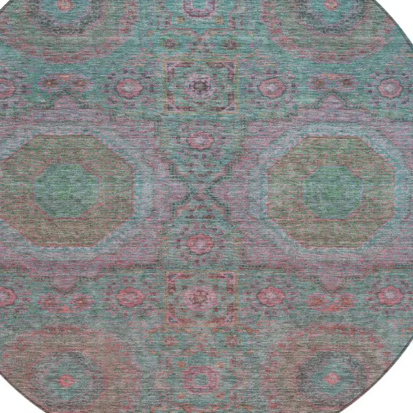 8' Teal Blue And Blush Round Medallion Washable Indoor Outdoor Area Rug Photo 9