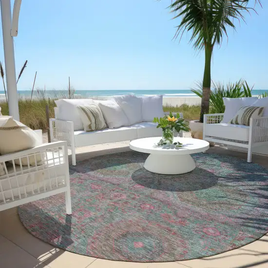 8' Teal Blue And Blush Round Medallion Washable Indoor Outdoor Area Rug Photo 6