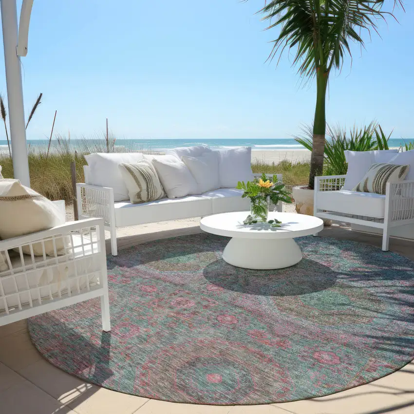 8' Teal Blue And Blush Round Medallion Washable Indoor Outdoor Area Rug Photo 6