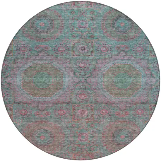 8' Teal Blue And Blush Round Medallion Washable Indoor Outdoor Area Rug Photo 1