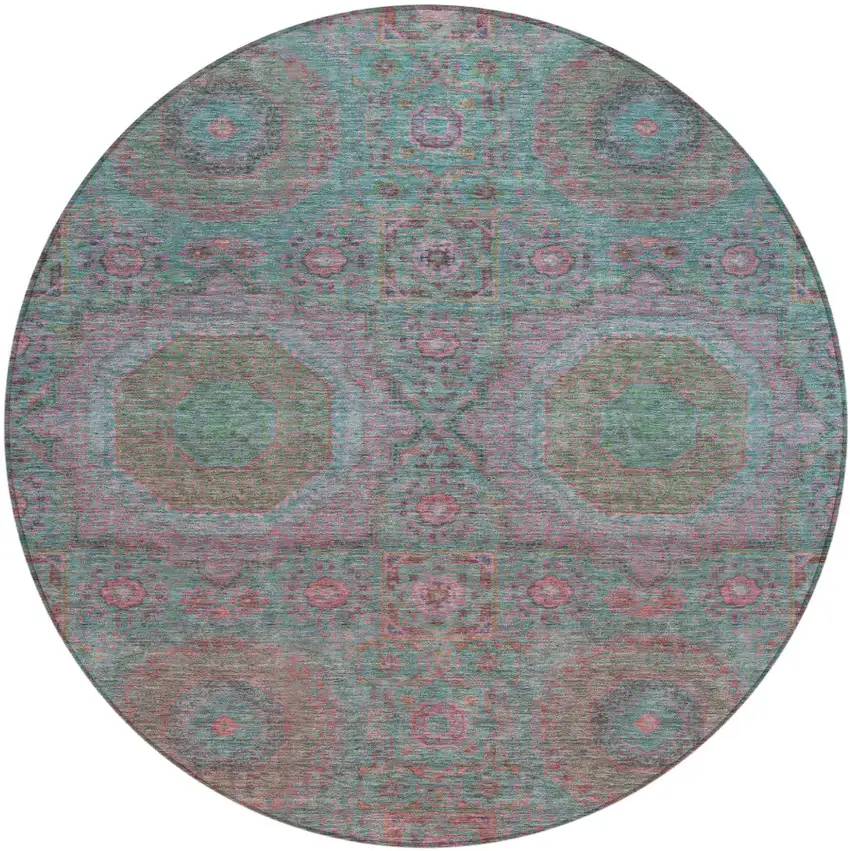 8' Teal Blue And Blush Round Medallion Washable Indoor Outdoor Area Rug Photo 1