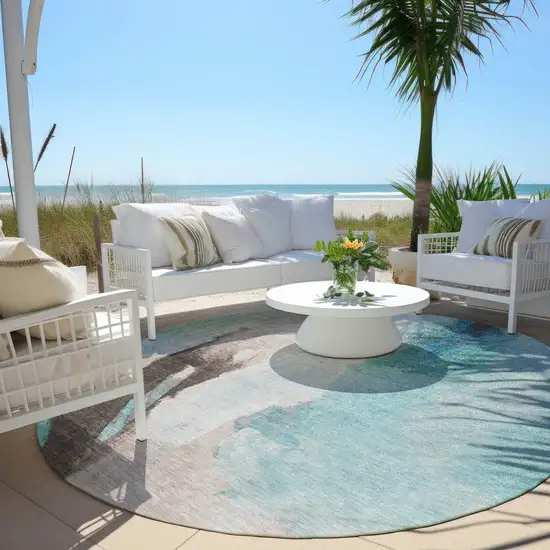 8' Teal Blue And Brown Round Abstract Washable Indoor Outdoor Area Rug Photo 5