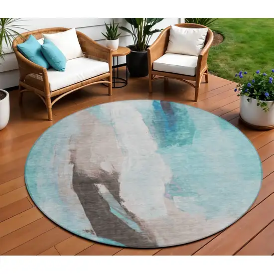 8' Teal Blue And Brown Round Abstract Washable Indoor Outdoor Area Rug Photo 2