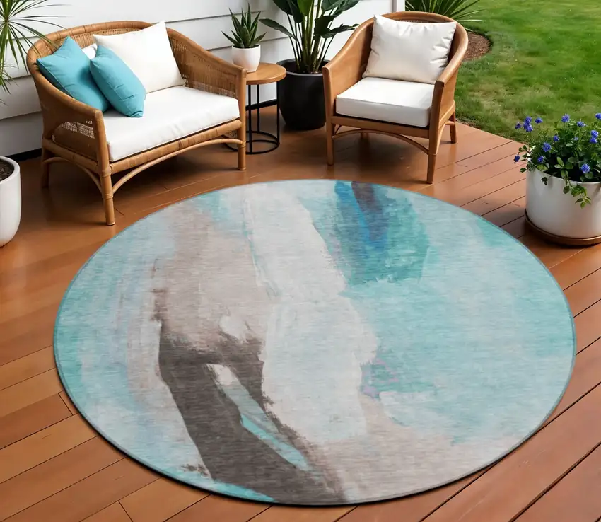 8' Teal Blue And Brown Round Abstract Washable Indoor Outdoor Area Rug Photo 2
