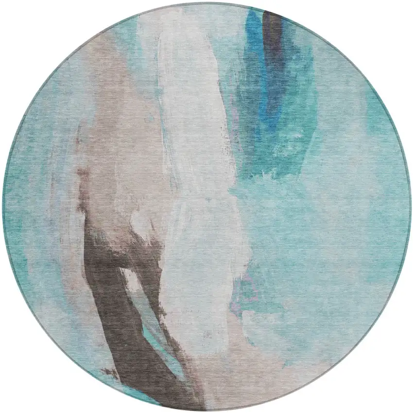 8' Teal Blue And Brown Round Abstract Washable Indoor Outdoor Area Rug Photo 1