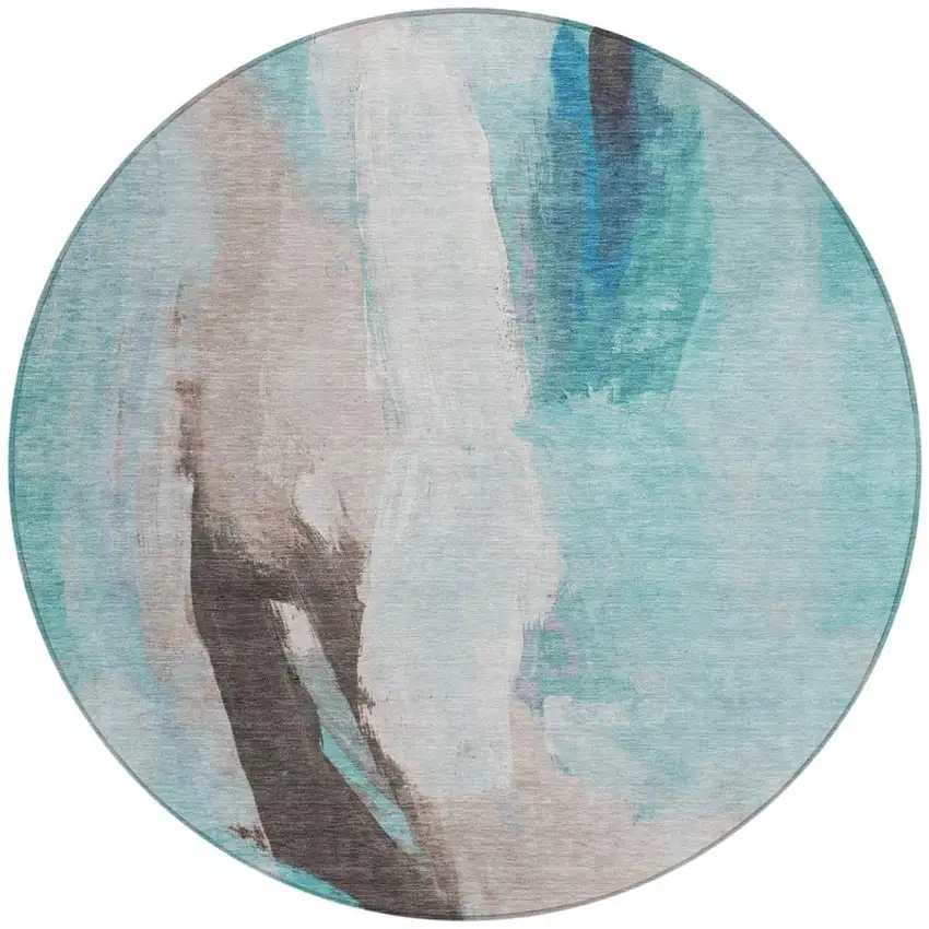 8' Teal Blue And Brown Round Abstract Washable Indoor Outdoor Area Rug Photo 3