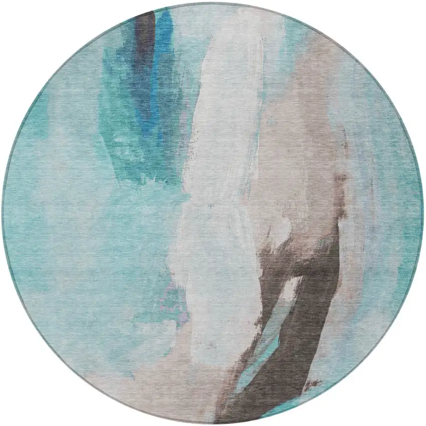 8' Teal Blue And Brown Round Abstract Washable Indoor Outdoor Area Rug Photo 4