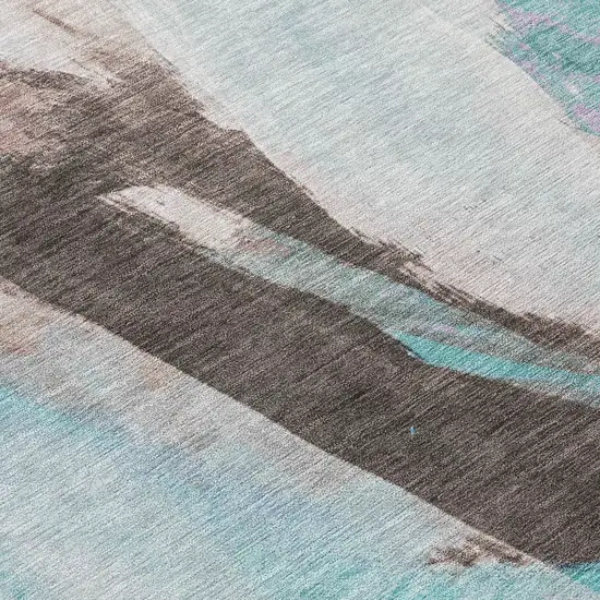 8' Teal Blue And Brown Round Abstract Washable Indoor Outdoor Area Rug Photo 9