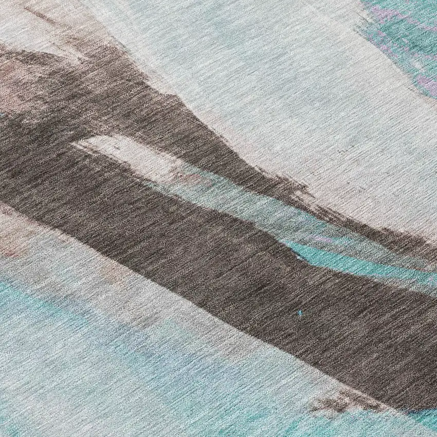 8' Teal Blue And Brown Round Abstract Washable Indoor Outdoor Area Rug Photo 9