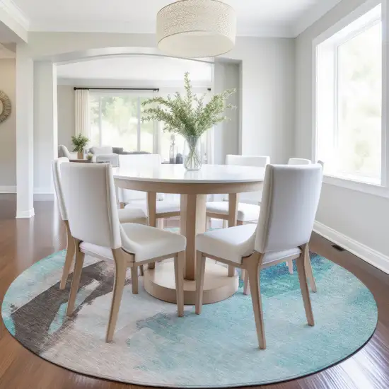 8' Teal Blue And Brown Round Abstract Washable Indoor Outdoor Area Rug Photo 6