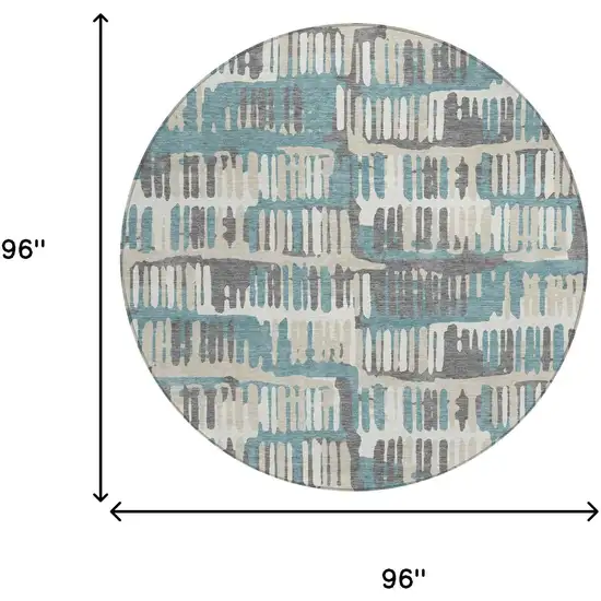 8' Teal Blue And Brown Round Abstract Washable Indoor Outdoor Area Rug Photo 9