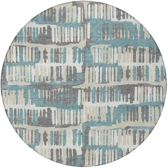 8' Teal Blue And Brown Round Abstract Washable Indoor Outdoor Area Rug Photo 4