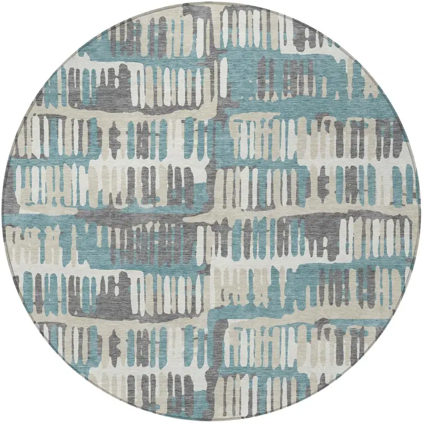 8' Teal Blue And Brown Round Abstract Washable Indoor Outdoor Area Rug Photo 4