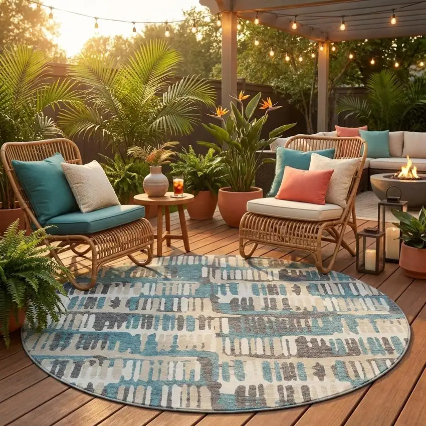 8' Teal Blue And Brown Round Abstract Washable Indoor Outdoor Area Rug Photo 1