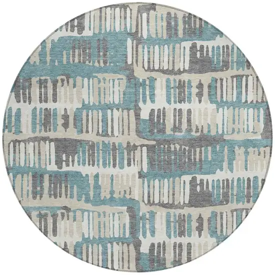 8' Teal Blue And Brown Round Abstract Washable Indoor Outdoor Area Rug Photo 2