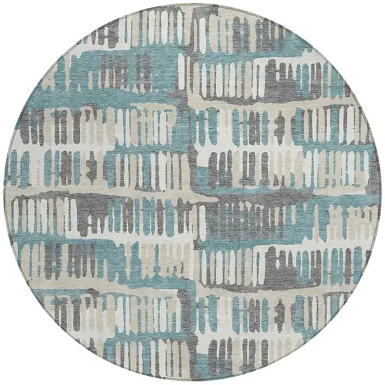 8' Teal Blue And Brown Round Abstract Washable Indoor Outdoor Area Rug Photo 6