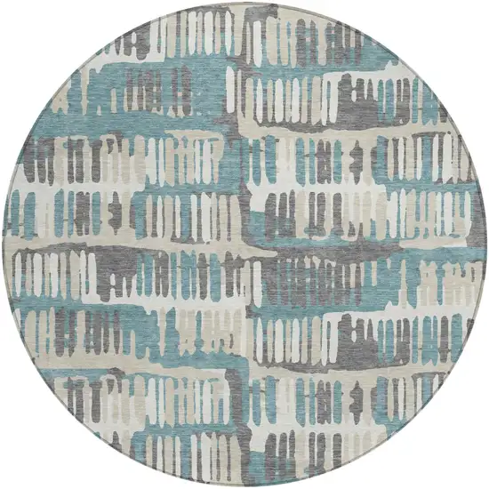8' Teal Blue And Brown Round Abstract Washable Indoor Outdoor Area Rug Photo 3