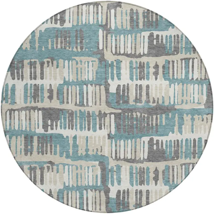 8' Teal Blue And Brown Round Abstract Washable Indoor Outdoor Area Rug Photo 3