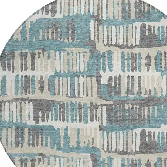 8' Teal Blue And Brown Round Abstract Washable Indoor Outdoor Area Rug Photo 5