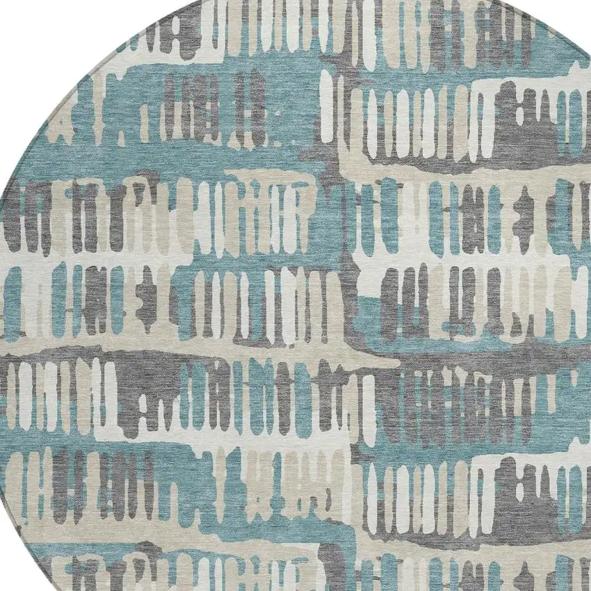 8' Teal Blue And Brown Round Abstract Washable Indoor Outdoor Area Rug Photo 5