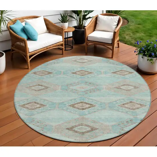 8' Teal Blue And Brown Round Aztec Washable Indoor Outdoor Area Rug Photo 2