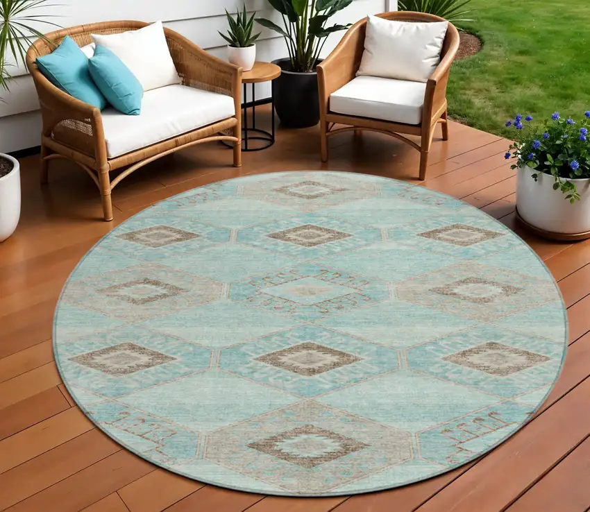 8' Teal Blue And Brown Round Aztec Washable Indoor Outdoor Area Rug Photo 2