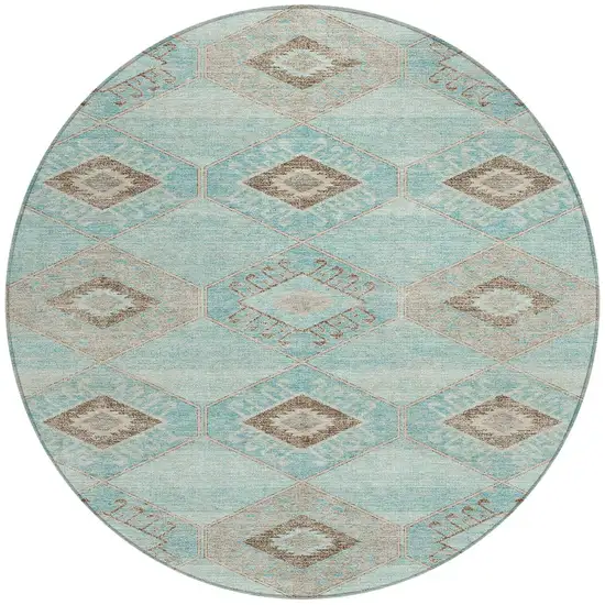 8' Teal Blue And Brown Round Aztec Washable Indoor Outdoor Area Rug Photo 3