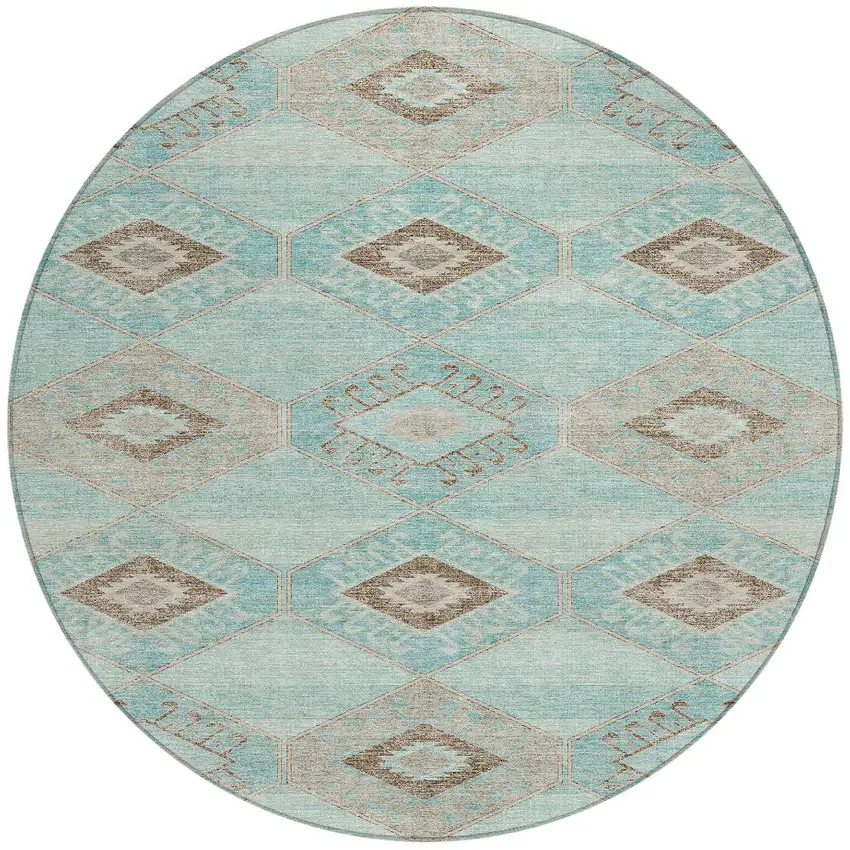 8' Teal Blue And Brown Round Aztec Washable Indoor Outdoor Area Rug Photo 3