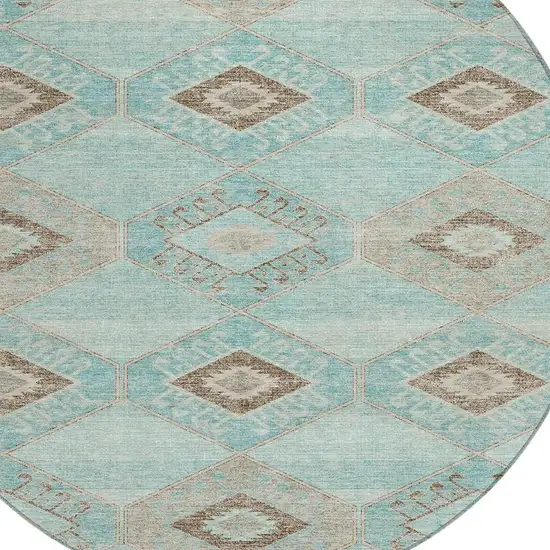 8' Teal Blue And Brown Round Aztec Washable Indoor Outdoor Area Rug Photo 4
