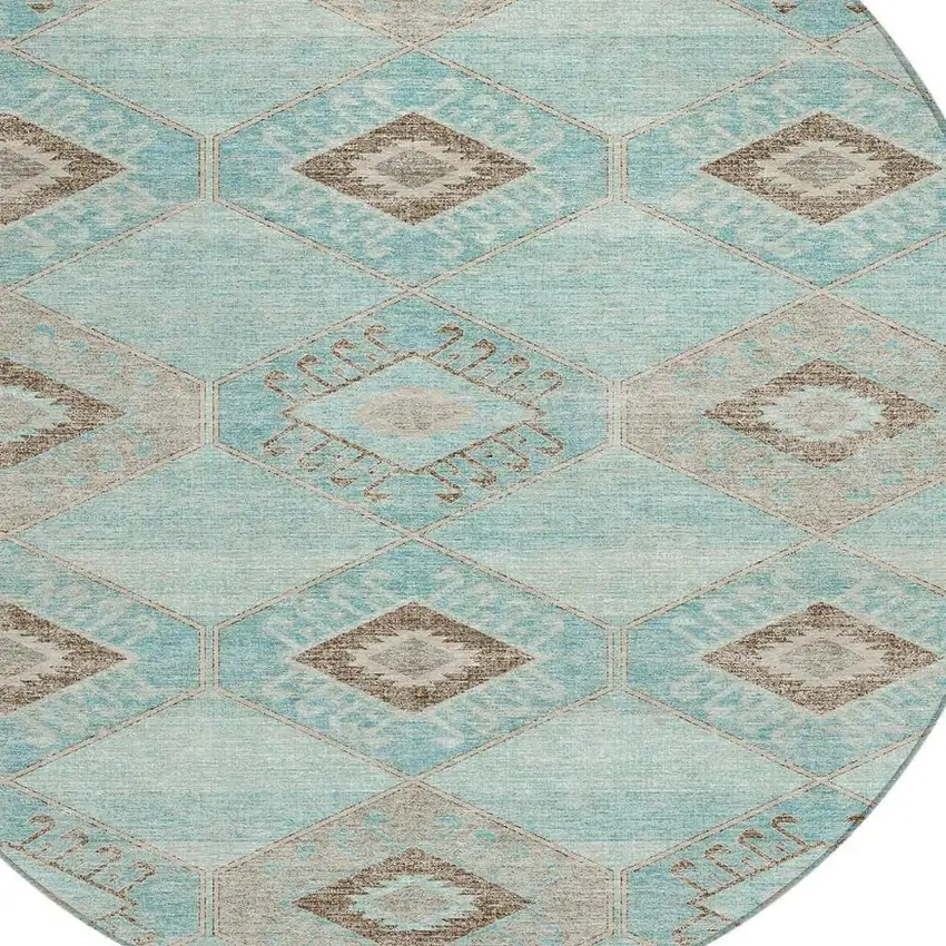 8' Teal Blue And Brown Round Aztec Washable Indoor Outdoor Area Rug Photo 4