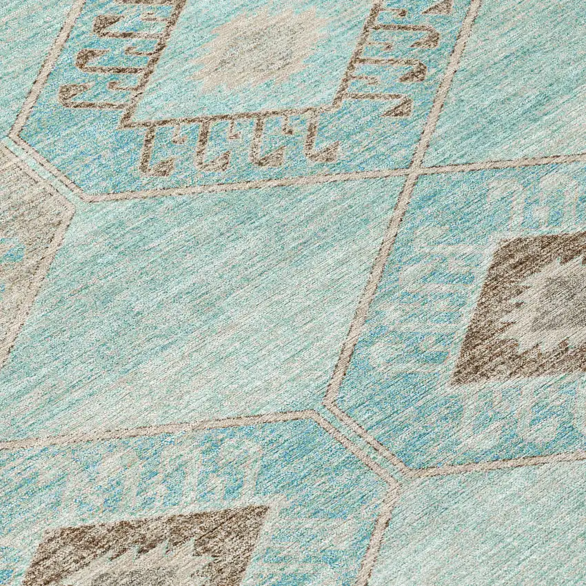 8' Teal Blue And Brown Round Aztec Washable Indoor Outdoor Area Rug Photo 9