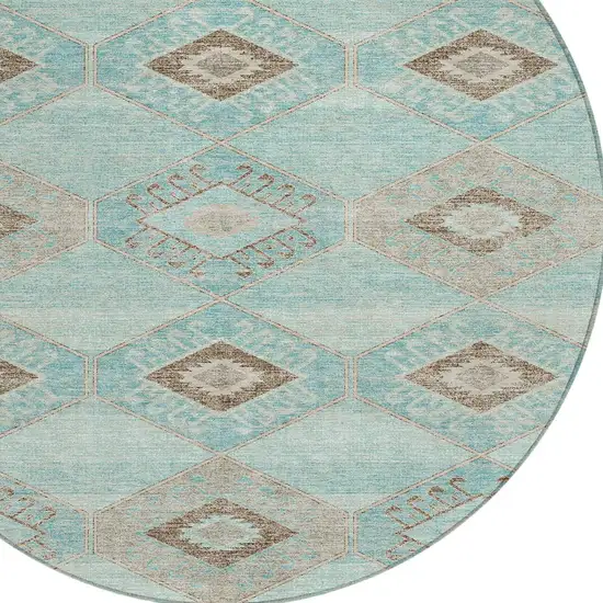 8' Teal Blue And Brown Round Aztec Washable Indoor Outdoor Area Rug Photo 8