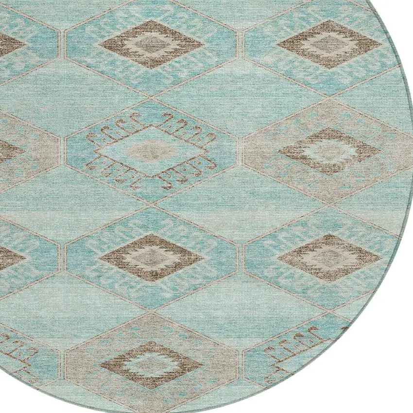 8' Teal Blue And Brown Round Aztec Washable Indoor Outdoor Area Rug Photo 8