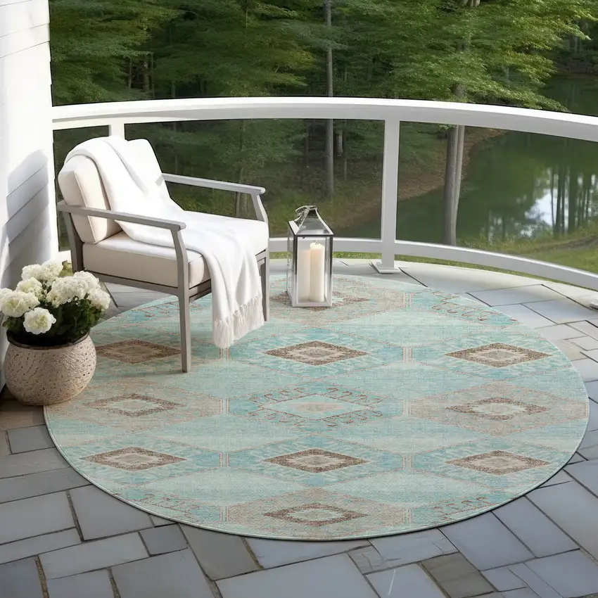 8' Teal Blue And Brown Round Aztec Washable Indoor Outdoor Area Rug Photo 5