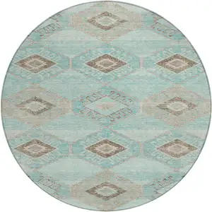 Photo of 8' Teal Blue And Brown Round Aztec Washable Indoor Outdoor Area Rug