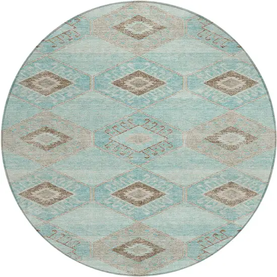 8' Teal Blue And Brown Round Aztec Washable Indoor Outdoor Area Rug Photo 1