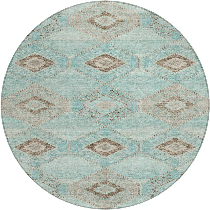 8' Teal Blue And Brown Round Aztec Washable Indoor Outdoor Area Rug Photo 1